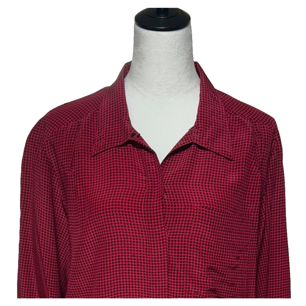 Argenti Top‎ Womens 12 Red Black Houndstooth Silk Button Up Long Sleeve Career